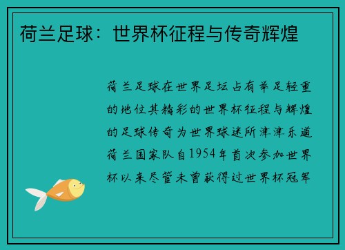 荷兰足球：世界杯征程与传奇辉煌