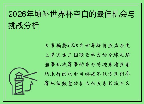 2026年填补世界杯空白的最佳机会与挑战分析
